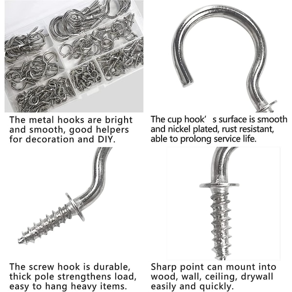Sett med 150 flerbruksskruer som er kompatible med nikkelkopper, takkroker som er kompatible med skap og trevegger (7 størrelser)
