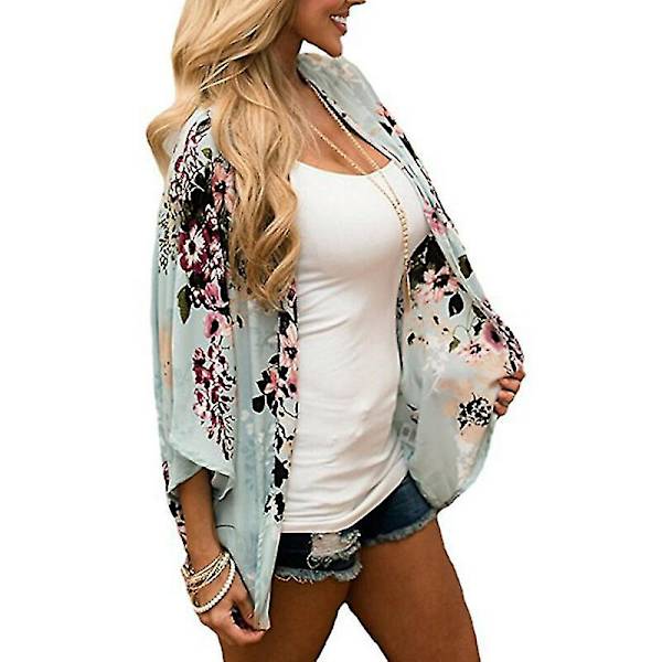 Kvinder Blomster Kimono Cardigan Toppe Sjal Cover Up Jakke Light Green XL