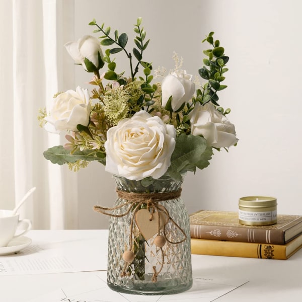Kunstige blomster i vase, silkerose kunstige blomster i vase, kunstige blomsterarrangement i vase for hjemmekontor