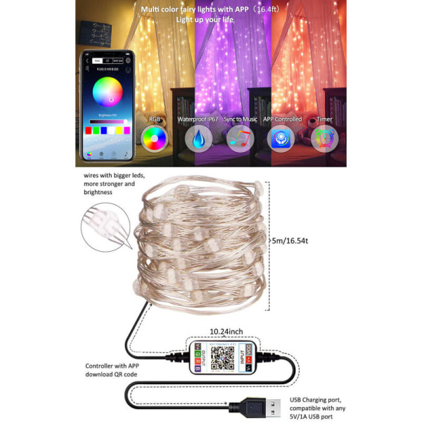 15M 150Led USB String Lights Powered by Bluetooth Mobile Phone App Kaukosäädin Joulukoristeet Valot，Sopii f