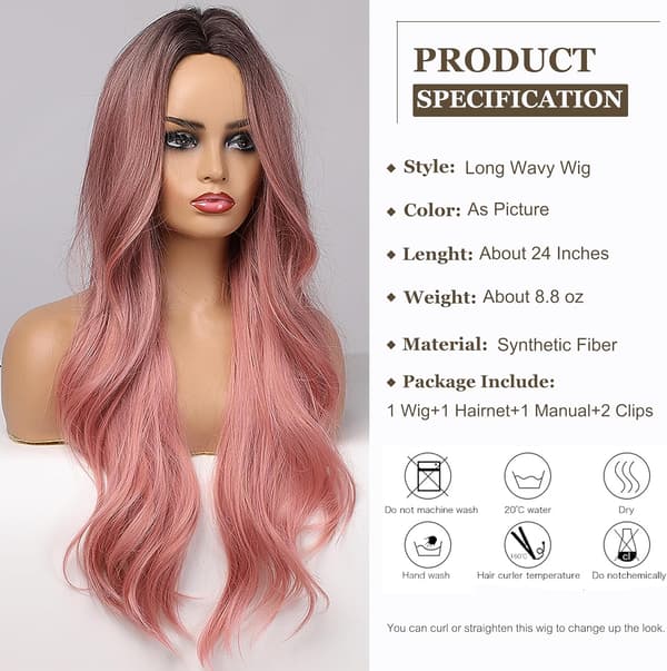 Syntetisk parykk gradient rosa langt bølget hår