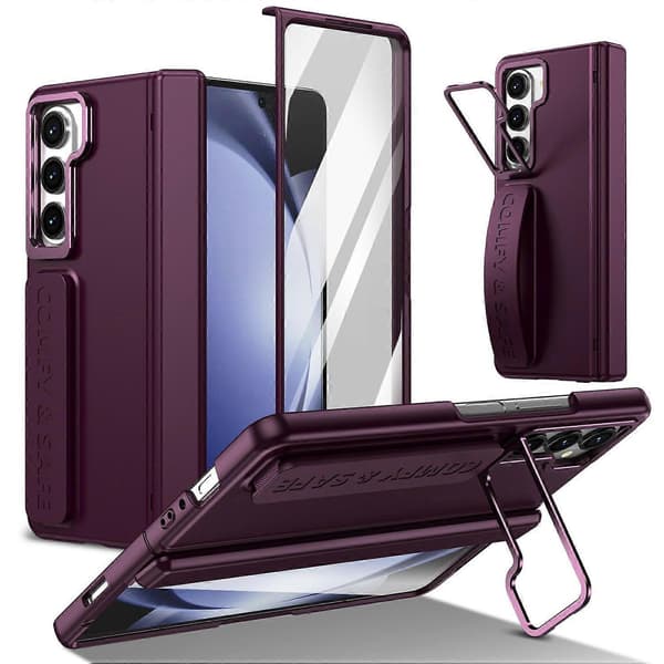 For Samsung Galaxy Z Fold5 5G Case Lens Protector Stand Hinge Protection PC Phone Case with Screen Film - Wine r