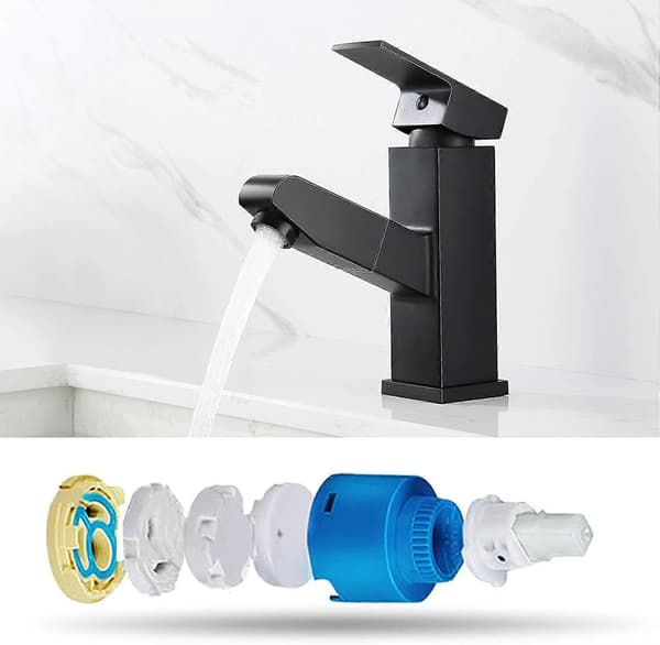 Single-lever basin mixer with pull-out spray, black bathroom mixer, tap height without hose