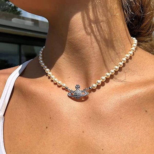 Saturn Pearl Necklace White Pearl Choker Halsband Crystal Strass Planet Halsband Presenter till mamma fru flickvän