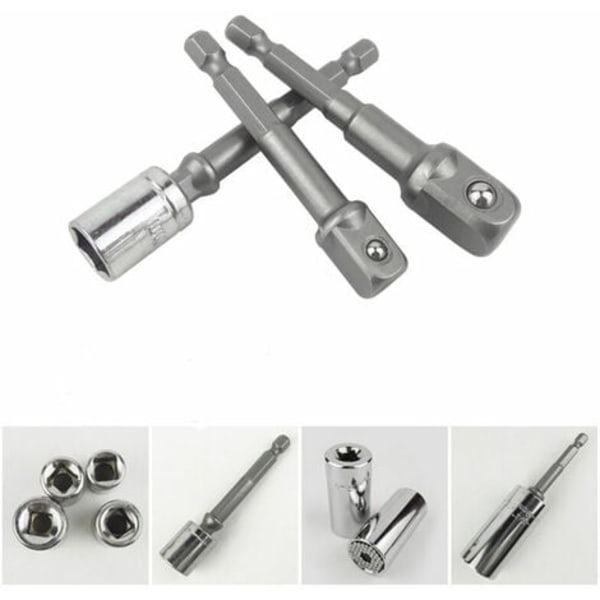 Sokkelholderadaptere på bore-/slagdriver. Sæt med 3 1/4", 1/2", 3/8" firkantet sekskantet dornadapter i Chome Vanadium (L