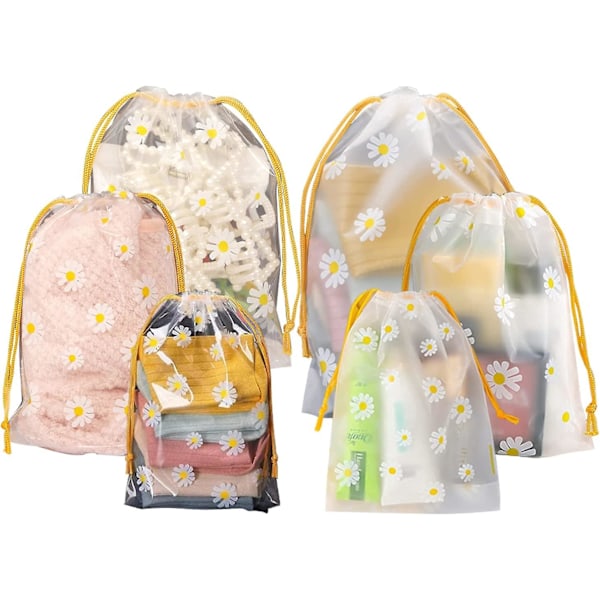 Little Daisy 6-pack förvaringsväskor med dragsko, bekväma multifunktionella genomskinliga frostad plast Vattentäta förvaringspåsar för underkläder, handdukar, strumpor, T