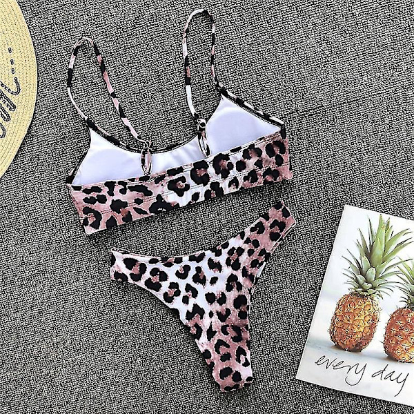 Kvinder Leopard Print Thong Bikini Sæt polstret Pink L