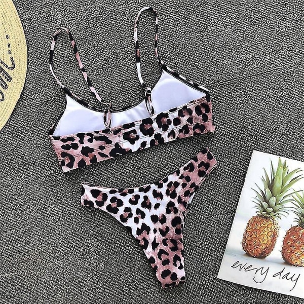 Kvinnor Leopard Print Thong Bikini Set Vadderat Pink L