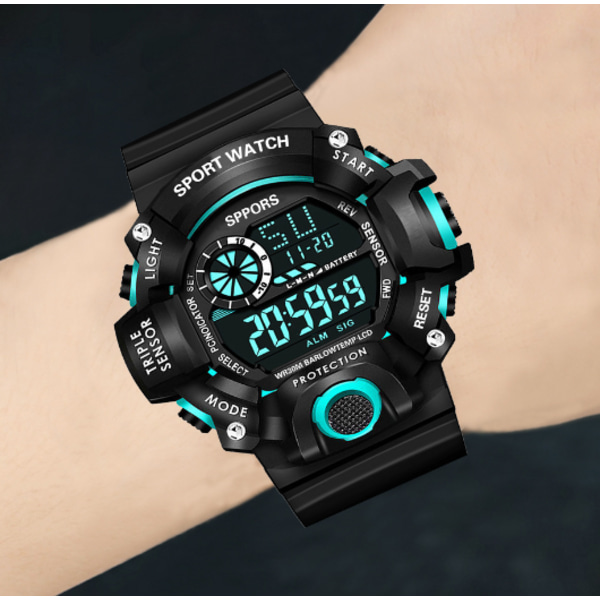 Djupt vattentät elektronisk watch sportljusande väckarklocka elektronisk watch (cyan),