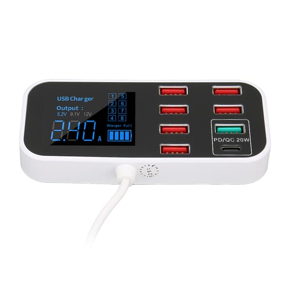 A9S Plus 8 Port 40W Hurtig Biloplader QC 3.0 USB C Multipel Ladestation LCD-display