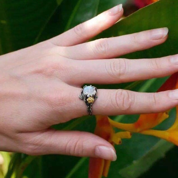 Hollow Simple Statement Vintage Ring Blad Blomma Moonstone Lady Ring Smycken Accessaries US 7