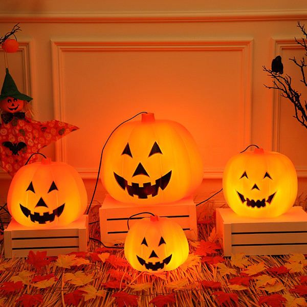 Halloween-lykta i plast, utomhus, lysande pumpa-hink, dekoration med ljus 12CM