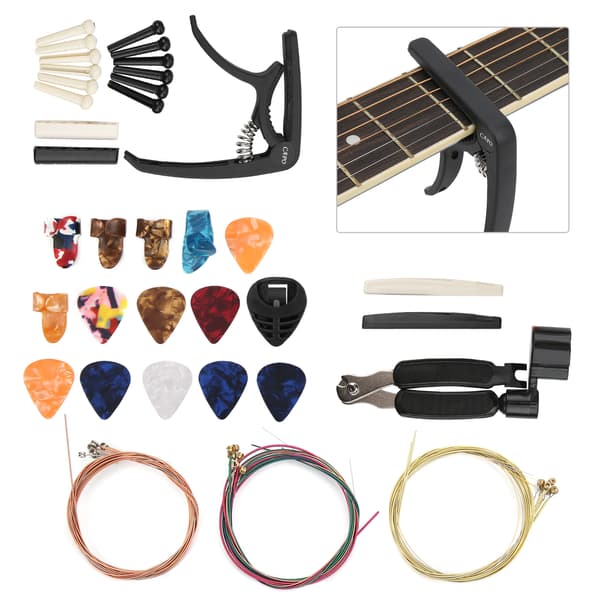 36 stk. Gitarstrengskifte Tilbehørssett Capo Vinder Kutter Tommelplekter Mutter Bro