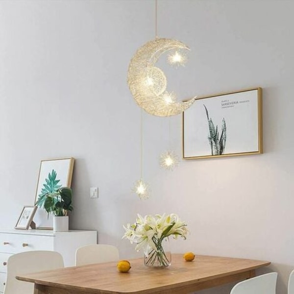 Moderne Pendel Disign Moon and Stars 5 LED-lys Lysekrone Loftslampe i varmt hvidt lys Pendel til Ki