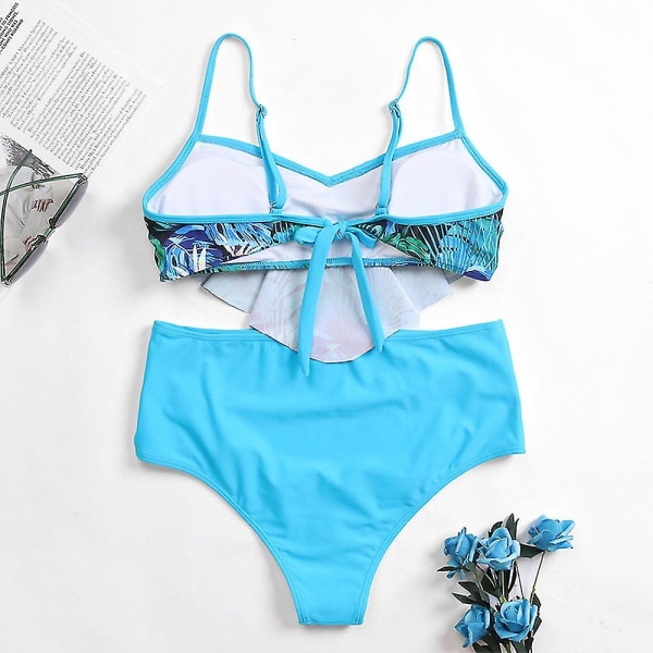 Dame floral høy midje Ruched Bikini Set Badedrakt Blue M