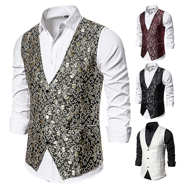 Enkelknäppt väst för män Slim Fit formell print väst XL Gold