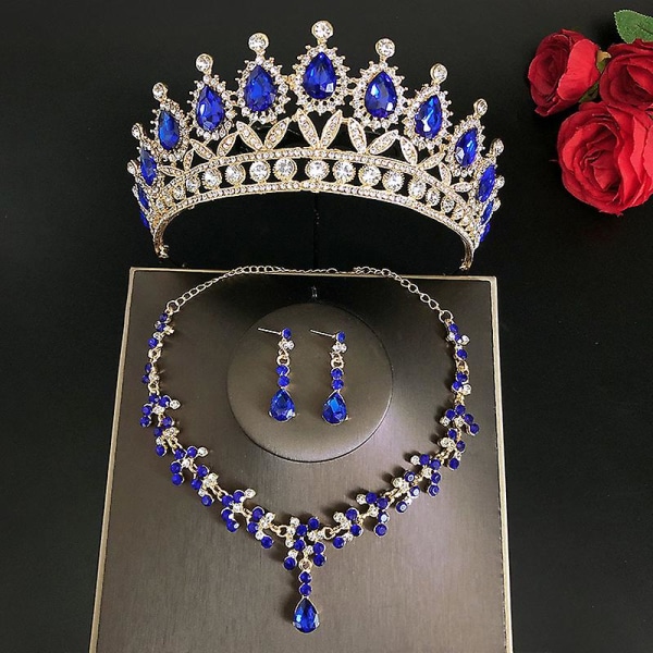 Bryllup brude tiaraer kronesett med øredobber sett og halslakk Håndlaget luksus krystall hårtilbehør Blue