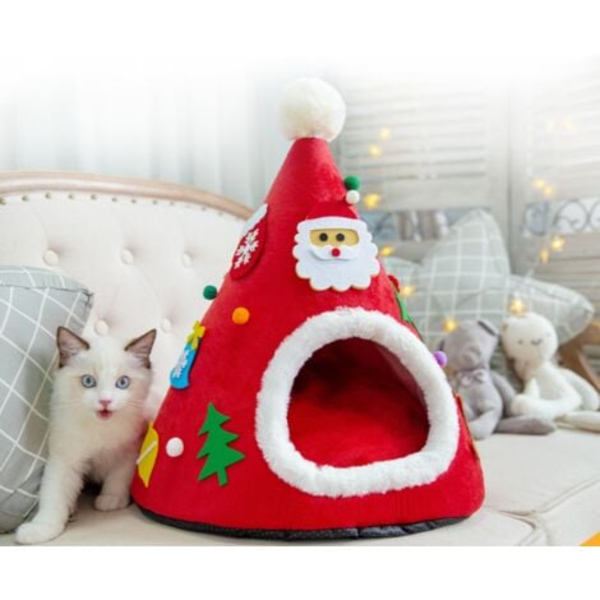 Jouluhattu Cat House tuulenpitävä kissanpesä Joulun lämmin kissansänky talveksi Mukava Cat House Bed, punainen kissan sänky