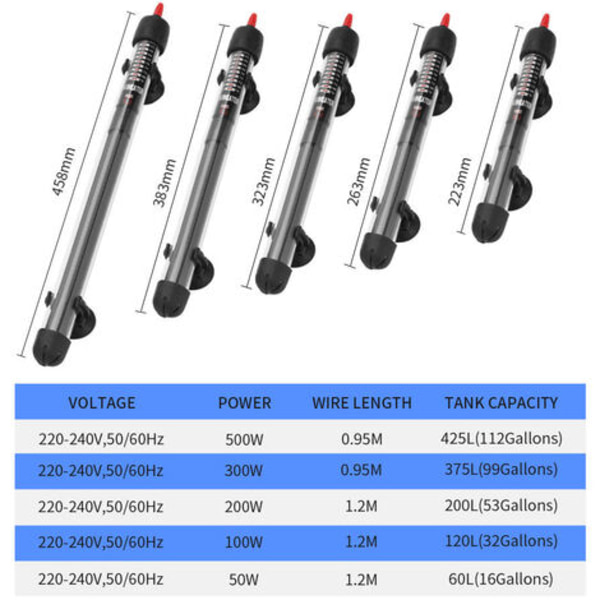 50W/100W/200W/500W akvarievarmer 300W justerbar temperatur akvarievarmer
