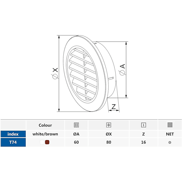 T74 Runt Ventilationsgaller Med Myggnät Vit 60 Mm