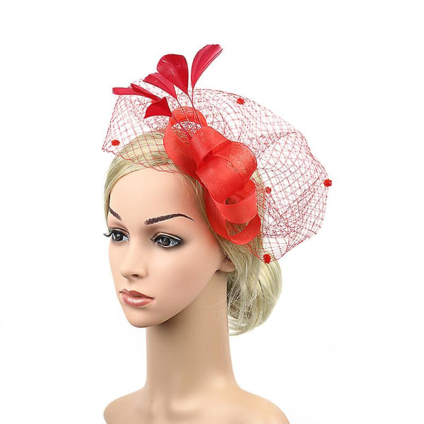 Faux Feather Net Garn Hatt Enfärgad Fascinator Bröllop Tea Party Huvudbonader Hårprydnad för Red