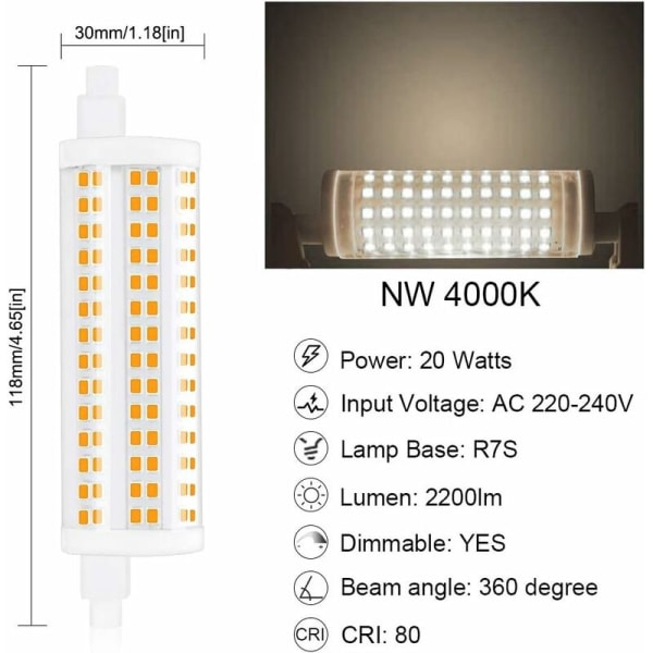 20W 118mm R7s Dimbar J118 LED-lyspære Dagslys 4000K 2200lm Spotlight med dobbel ende tilsvarende 200W halogenpære for hjem, stue, balkong