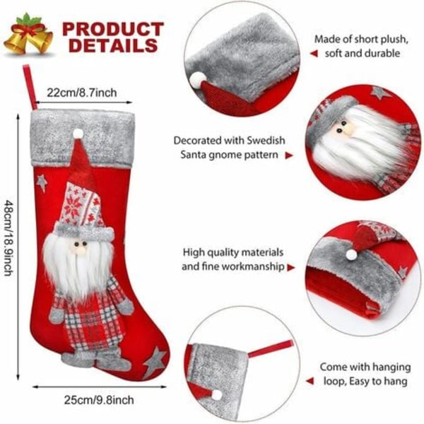 Pieces Ruotsin joulusukat Santa Gnome Scandinavian Stocking Tomte Riippuvat joulusukat 3D-pehmochalla