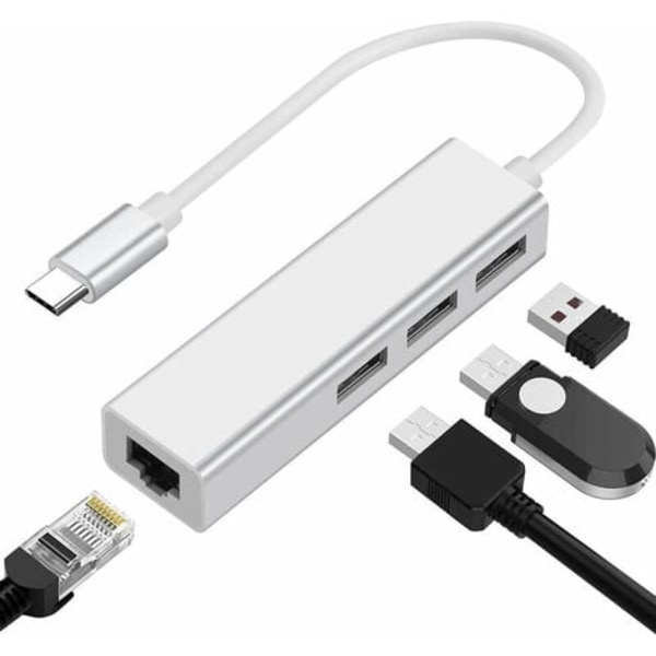 USB C til Gigabit Ethernet-adapter USB C til USB 3.0 10/100/1000 RJ 45 LAN-nettverksadapterkabel, støtter Windows 8/7/10