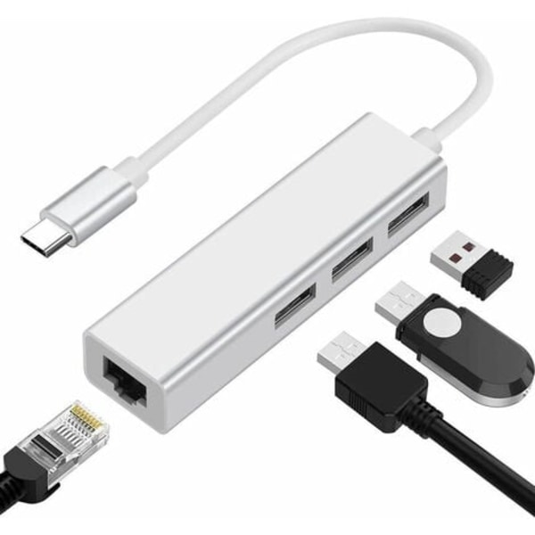 USB C till Gigabit Ethernet-adapter USB C till USB 3.0 10/100/1000 RJ 45 LAN-nätverksadapterkabel, stöder Windows 8/7/10