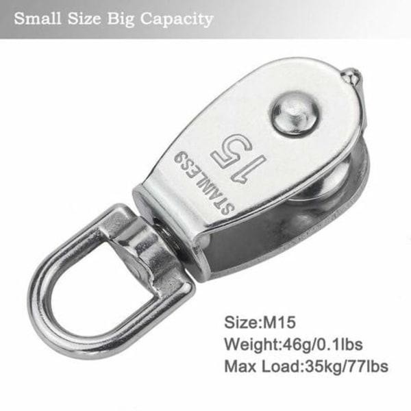M15 304 rustfritt stål enkel remskive, 15 MM enkel trinse blokkrulle, kran svingbar krok glatt wire tau Kabellasting