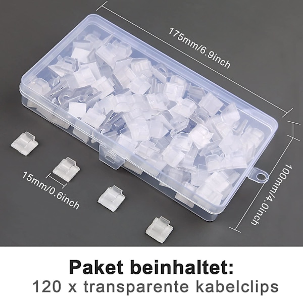 120 stk kabelclips, selvklæbende kabelbindere Selvklæbende kabelclips opbevaring, elektrisk kabeljumper, til kabelstyring, gennemsigtig