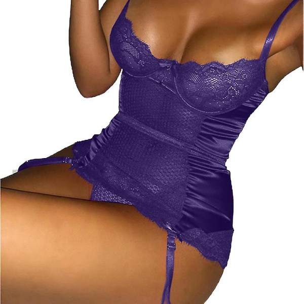 Naisten Lace Bodycon Yöpaita Slim Fit Slip Mekko Alusvaatteet Purple 2XL