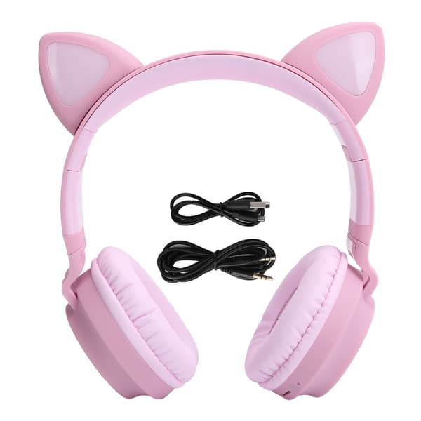 Kat Øre Hovedtelefon 3D LED Lys Trådløs Bluetooth 5.0 Foldbart Headset med Mikrofon Pink