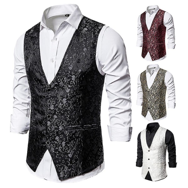 Enkelknäppt väst för män Slim Fit formell print väst M Black