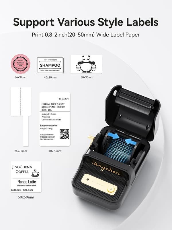 B21 Label Printer, Mini Adhesive Label Printer, Label Width 20-50 mm, Retro Bluetooth Label Printer for Office Organization Nero