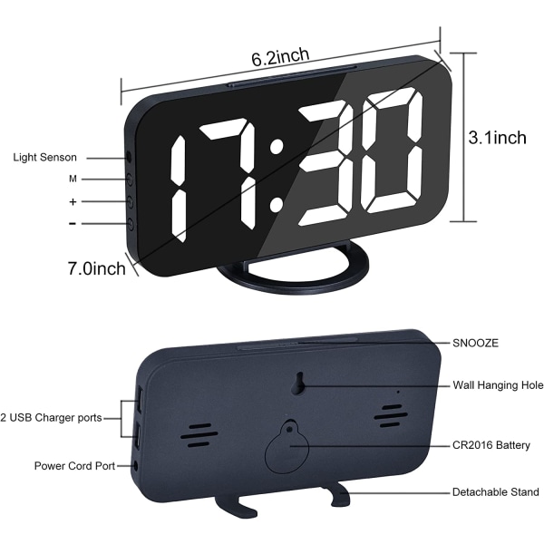 Digital väckarklocka, stor speglad LED-skärm, med 2 USB laddningsportar, Auto-dim-funktion, Snooze-funktion, 7-tums Mo