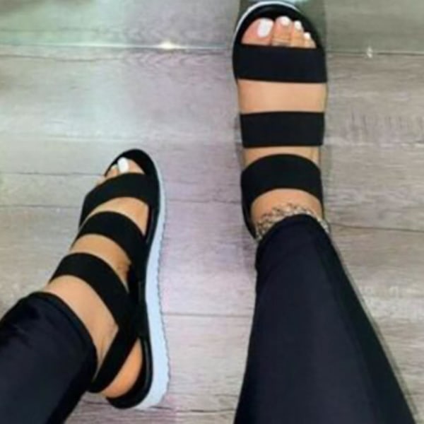Kvinner ankelstropp Flate sandaler Beach Peep Toe Sko Black 37