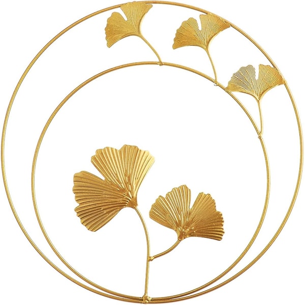 Sett med 3 metalljern veggskulpturer blader - gylne ginkgo blader - palmeblader - rund veggdekor - dekorasjon til hjemmet, kontoret, stue, hotell (