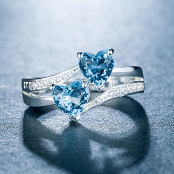 Kvinnor Ring Dubbelt Hjärta Glittrande Cubic Zirconia Mode Utseende Fingerband för fest Blue US 7