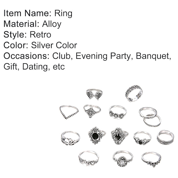 15st/ set Kvinnor Hollow Lotus Solros Geometrisk Faux Gem Stacking Finger Ring