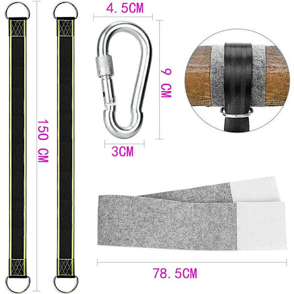 1,5 m nylon med två delar (2 fjäderkrokar, 1 par trädskydd, 1 par roterande ringar i rostfritt stål)