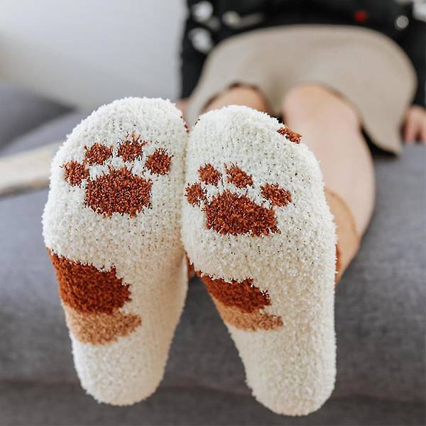 Kvinder Warm Funny Fluffy Cat Paw Soft Bed Slipper Socks Yellow Dot