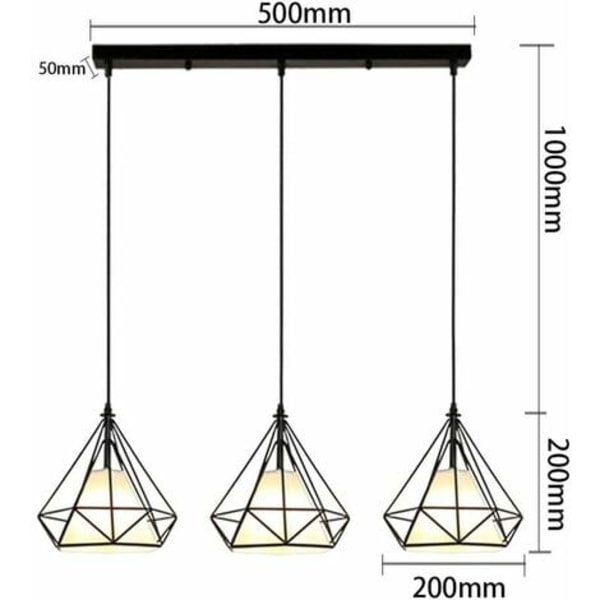 Retro pendellampe industridesign diamantform 3 Edison taklysarmatur E27 lysekrone metall lampeskjerm, Ø 20c