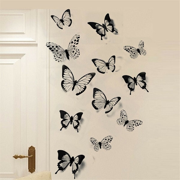 12 stk Sort Hvid 3D Butterfly Home Decor Wall Stickers