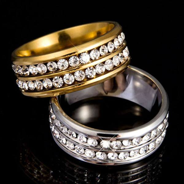 Ring bred bredd Fadeless titan stål dubbla rader strass unisex smycken för bröllopsfest Golden US 9