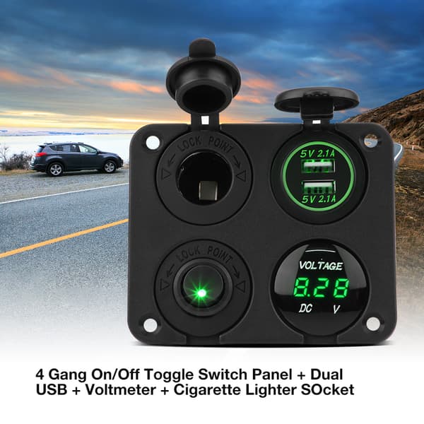 4-veis vippebryterpanel Dobbel USB-lader Sigarettenneruttak Voltmeter Grønn LED