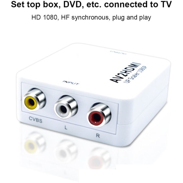 AV till HDMI-omvandlare vit ljud- och videokompositsignalomvandlare I för anslutning av HD-TV LCD-skärm,