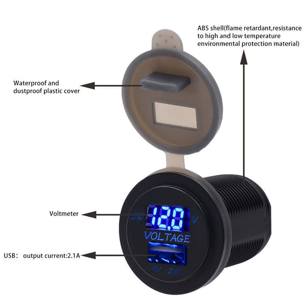 USB Billader med Spenningsdisplay Voltmeter 2.1A Blå IP66 Vanntett DC12-24V