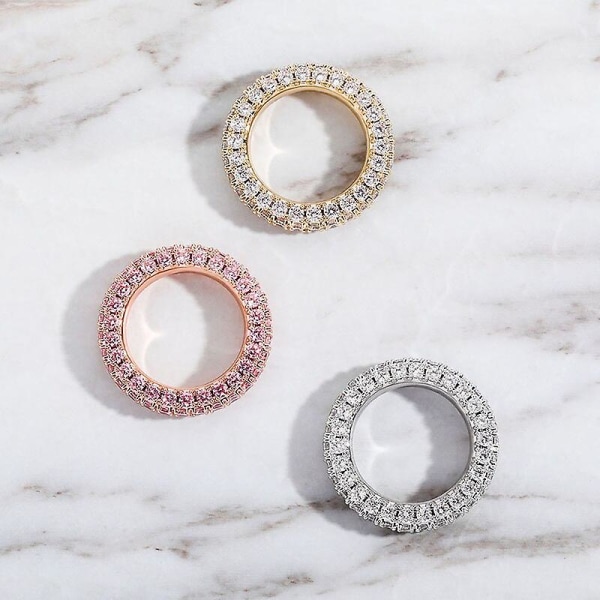 Mode 3 rad Cz Bling Ring Kvinnor Män Iced Out Full Micro Pave Cubic Zirconia Ringar Guld Silver Färg Hip Hop Punk Smycken Rose Gold