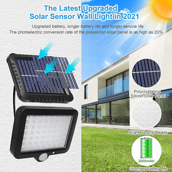Utendørs solcellelys (2pack Ip65-2000mah) Utendørs solcellelys med 56 led bevegelsessensor, med 5m kabel, egnet for utendørs og hagebruk [energi Cla